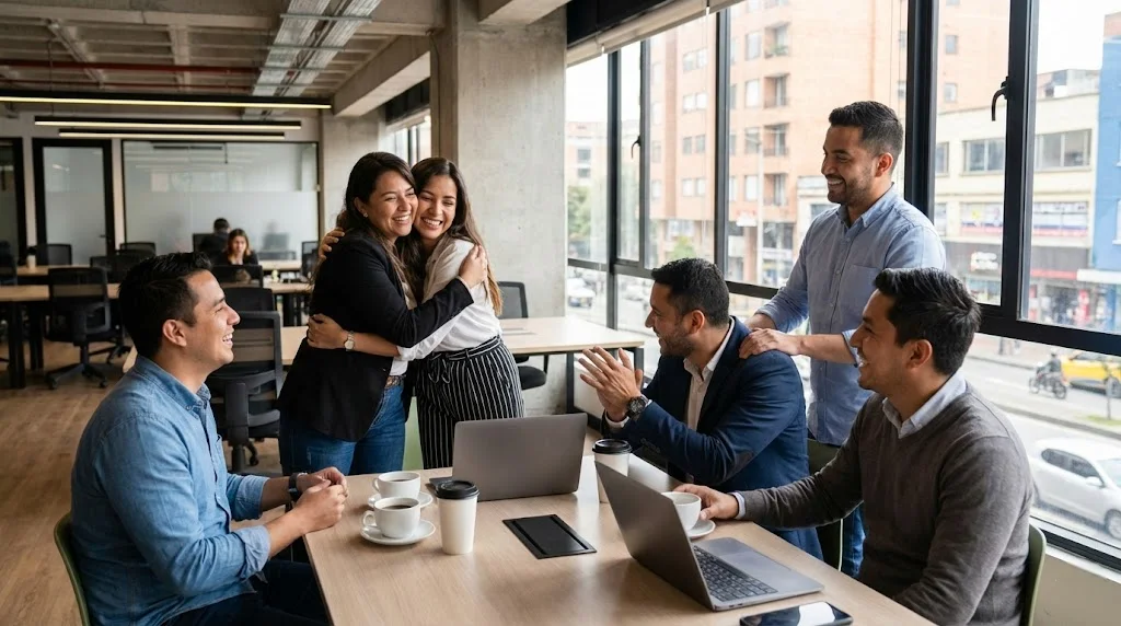 Grupo corporativo en conversación y apoyo mutuo — antiéstrés psicosocial